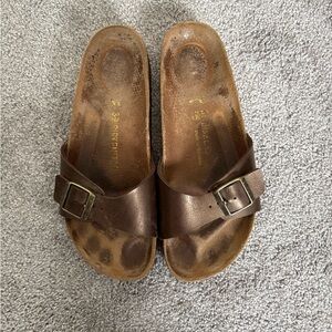 Birkenstock Madrid Metallic Brown Leather Slide Sandals Size 39 Cork Footbed